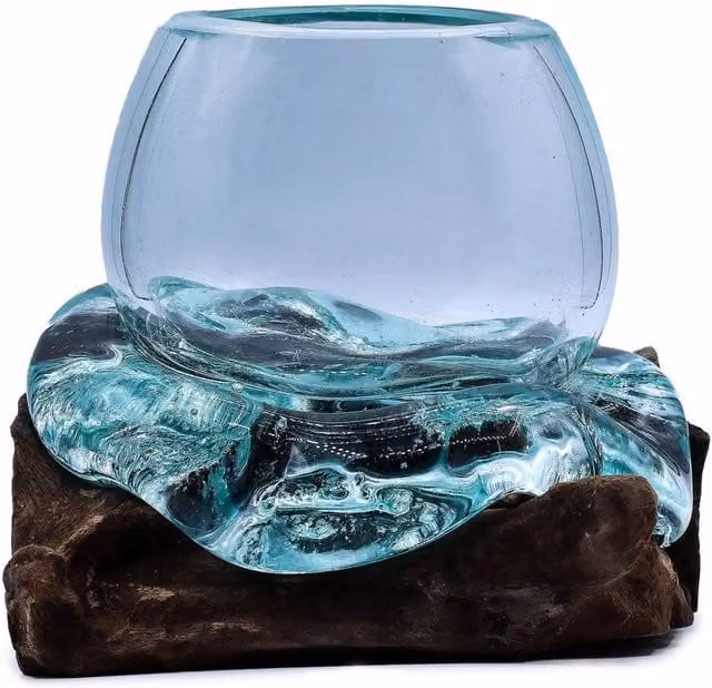 Serenityy Handcrafted Luxury Molten Glass Tabletop with Natural Wood Base, Transparent, Height: 20 cm