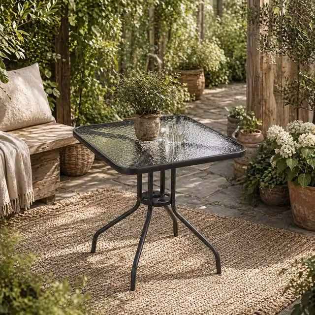 Wyld Haus Square Garden Dining Table with Umbrella Hole in Black Metal and Tempered Glass, W/D/H: 76 x 76 x 72 cm – 1