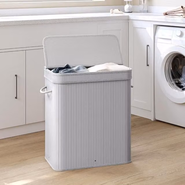 SONGMICS Large Bamboo Laundry Hamper with Removable Cotton Bag and Handles in Grey