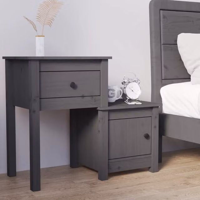 Berkfield Home Grey Solid Wood Pine Bedside Cabinet W: 79.5 cm, D: 38 cm, H: 65.5 cm