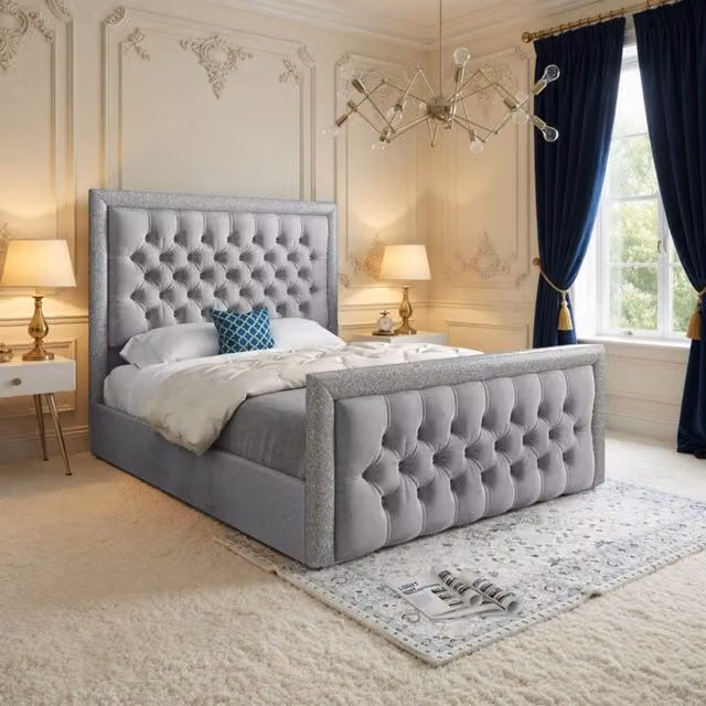 Casani Thorpe Grey Velvet Upholstered Designer Bed Frame W/D/H: 180 x 200 cm – 1