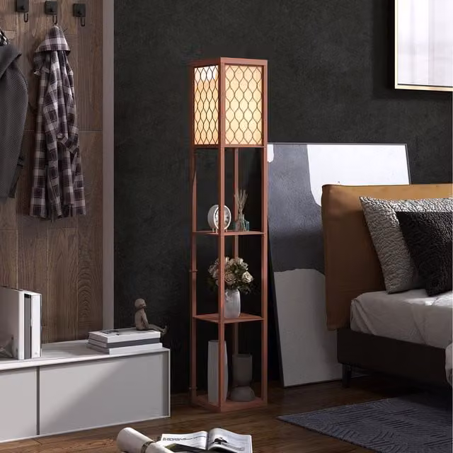 HOMCOM Modern 4 Tier Brown Wood Floor Lamp with Shelves
