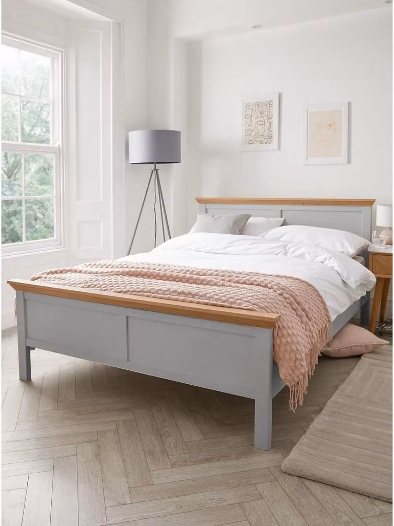 Hanna Double Bed Frame in Grey and Beige Traditional Cottage Style Oak Effect, W/D/H: 140 x 200 x 148 cm