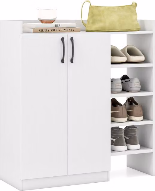 COSTWAY Modern White Shoe Cabinet with 2 Hinged Doors and Internal Shelves