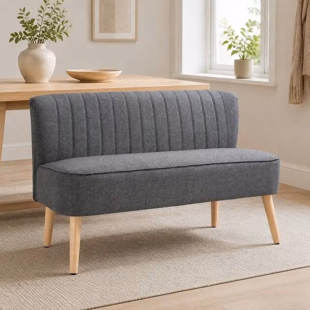 STILVORA Two-Seater Upholstered Fabric Sofa in Grey with Rubberwood Legs