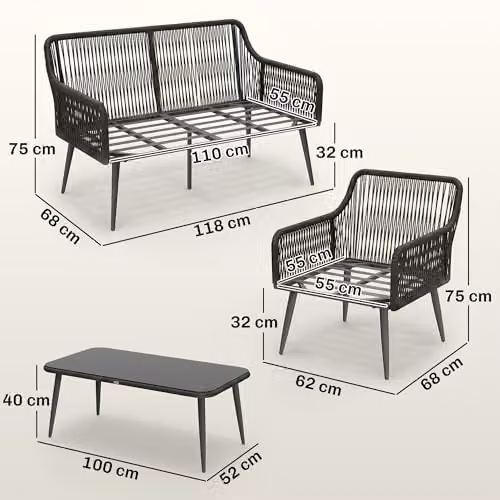 Outsunny 4 Seater Rattan Garden Furniture Set in Black with Upholstered Cushions and Coffee Table – 7
