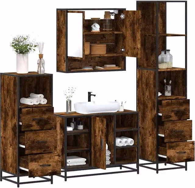 Berkfield Home 4-Piece Industrial Bathroom Furniture Set in Smoked Oak and Brown