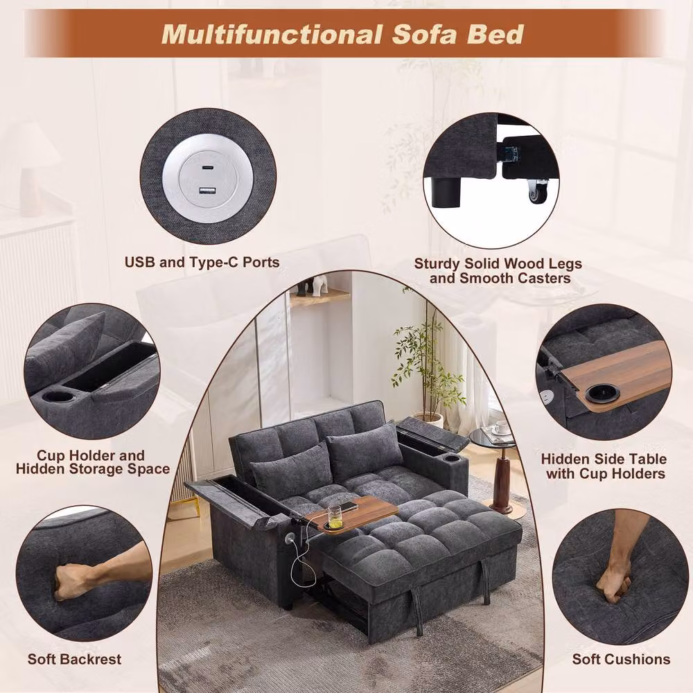 Merax Grey Pull-Out Sofa Bed with Swivel Tray Table and Flip-Top Storage Arms – 3