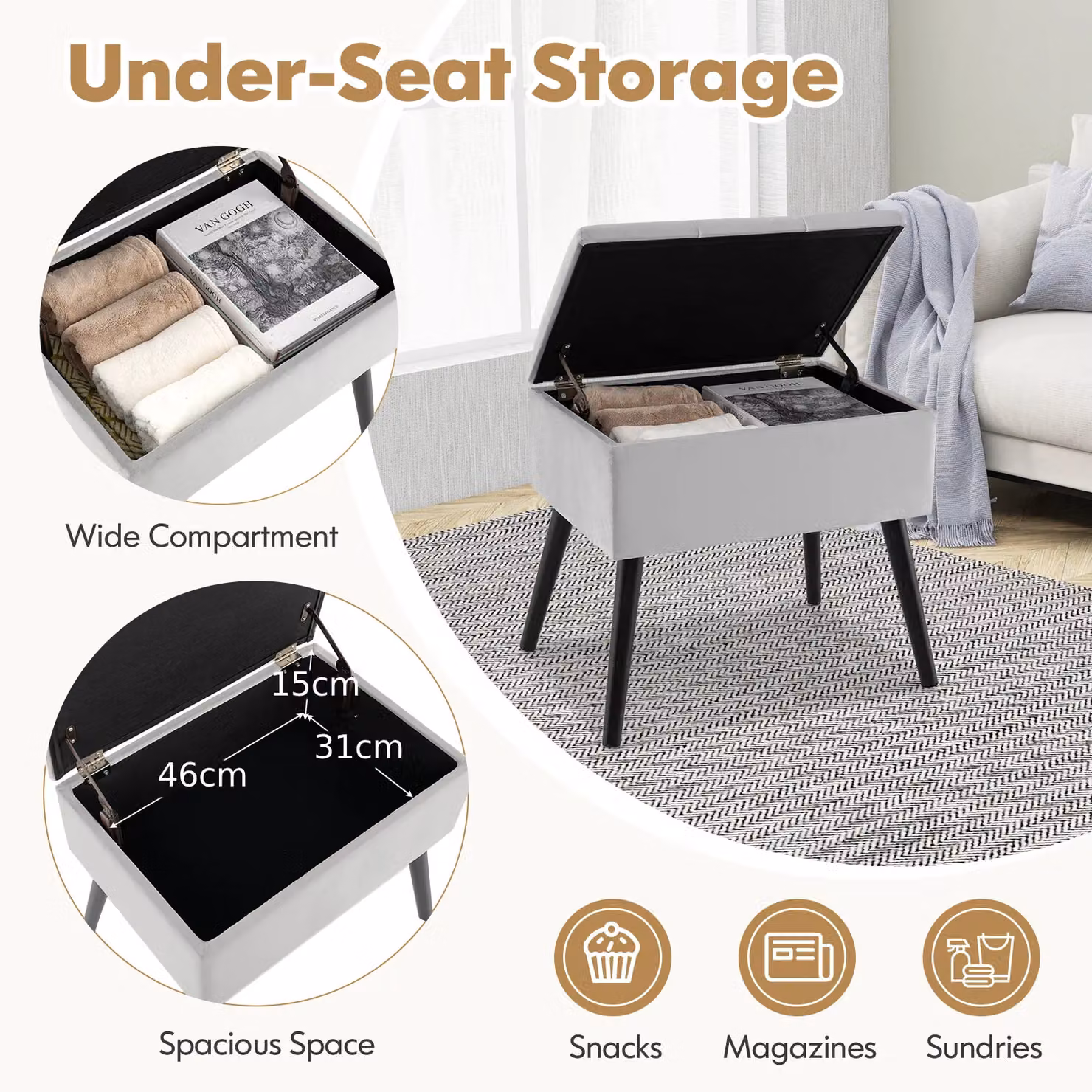 Costway Rectangular Velvet Upholstered Ottoman with Storage, Grey – 5