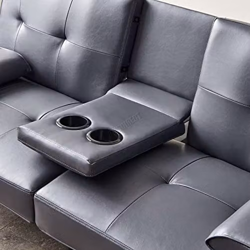 WestWood Manhattan 3 Seater Faux Leather Sofa Bed with Cup Holders in Grey – 4
