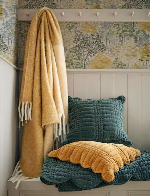 Laura Ashley Bronwen Woven Wool Blend Throw with Fringes in Yellow