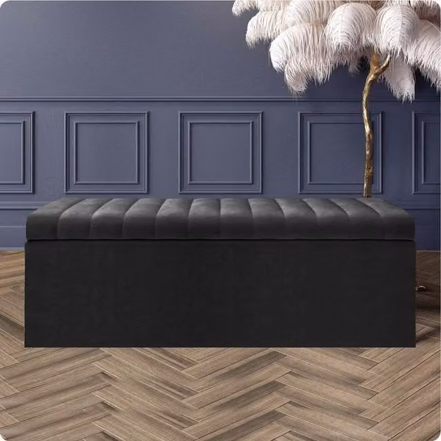 R&M Furnishers Safar Ottoman Storage Box, Black Striped Plush Velvet Upholstered Blanket Chest and End of Bed Bench