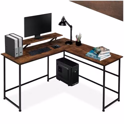tectake Melrose Corner Desk with Movable Monitor Stand in Brown and Black, W/D/H: 140 x 130 x 76.5 cm