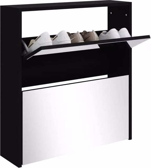 Berkfield Home Modern Black 2-Layer Shoe Cabinet with Mirror, W: 63 cm, D: 17 cm, H: 67 cm – 1