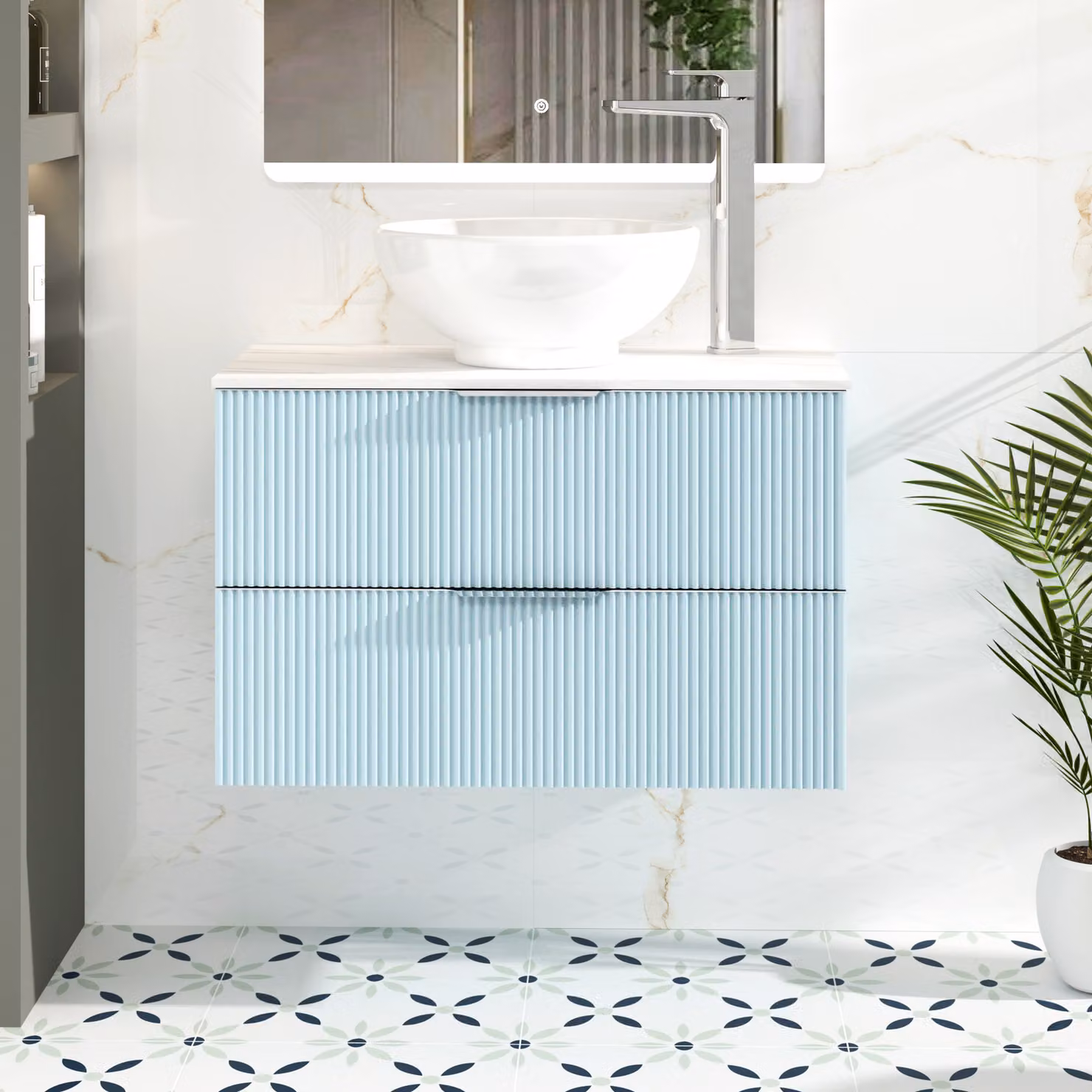 Royal Bathrooms Evora 800mm Powder Blue Fluted Wall Hung Vanity Unit with 2 Drawers and White Stone Countertop Basin