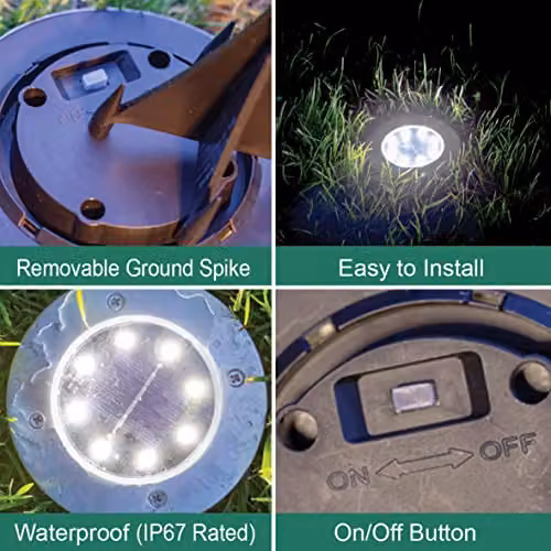 GardenKraft Stainless Steel Solar LED Ground Lights, 4 Pack, IP67 Waterproof, White/Silver – 3