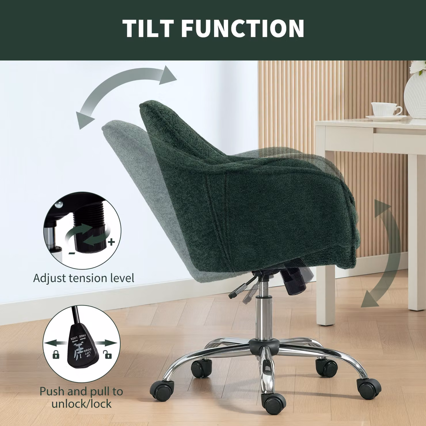 HOMCOM Modern Green Velvet Task Chair with Armrests and Castors – 5