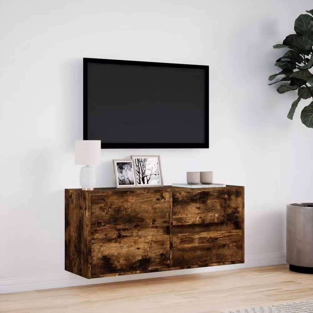 Berkfield Home Modern Wall-Mounted TV Cabinet with LED Lights in Smoked Oak Brown, W: 100 cm, D: 31 cm, H: 45 cm – 4