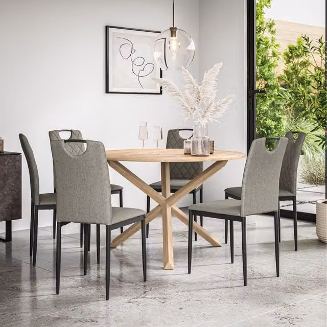 More4Homes Malvern Round Oak Effect Dining Table Set with 6 Grey Monza Linen Chairs, Diameter: 120 cm, Height: 75 cm