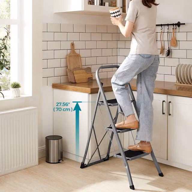 SONGMICS 3-Step Folding Steel Step Ladder with Safety Lock and Rubber Feet, Grey
