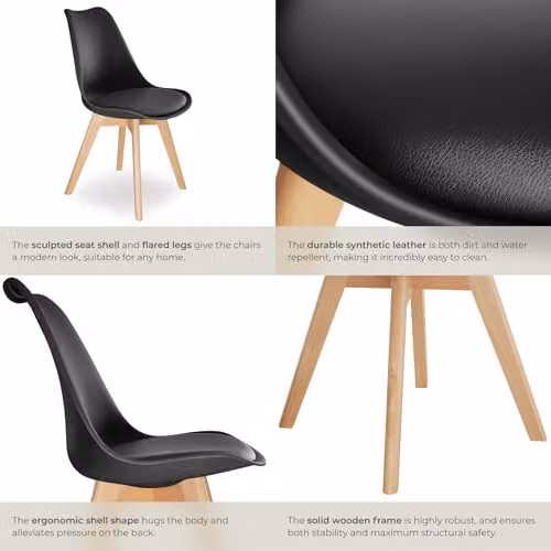 tectake Set of 2 Scandinavian Design Dining Chairs with Wood Legs in Black – 5