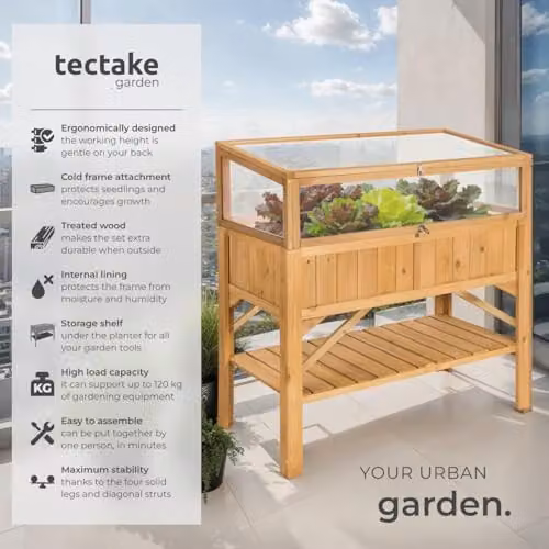 tectake Raised Garden Bed with Cold Frame and Shelf in Brown, Made of Weather-Resistant Pinewood with Polycarbonate Lid, W/D/H: 119 x 57 x 90 cm – 2