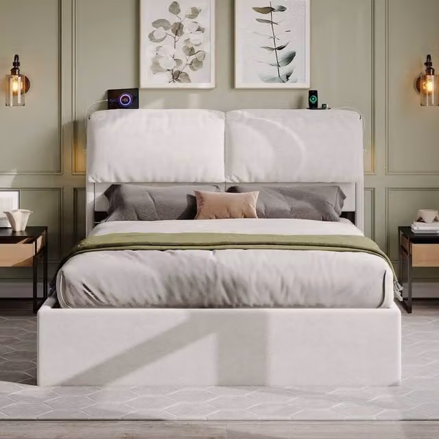 Merax King Ottoman Bed in Beige with Upholstered Fabric, LED Reading Lights, USB Charging Port and Lift-Up Storage Base, W/D/H: 150 x 200 cm
