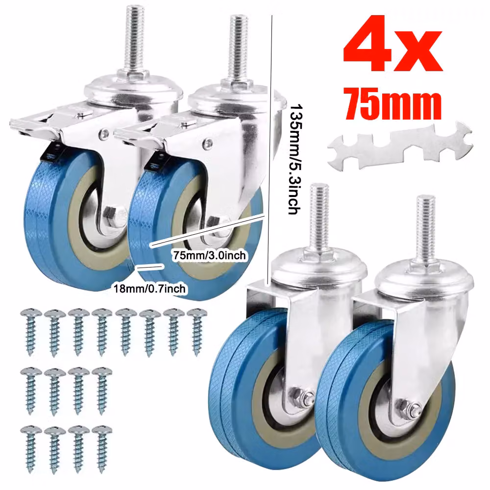 Hinsinc 4 Pack Heavy Duty 75mm Rubber Swivel Castor Wheels in Blue and Multicolour – 2