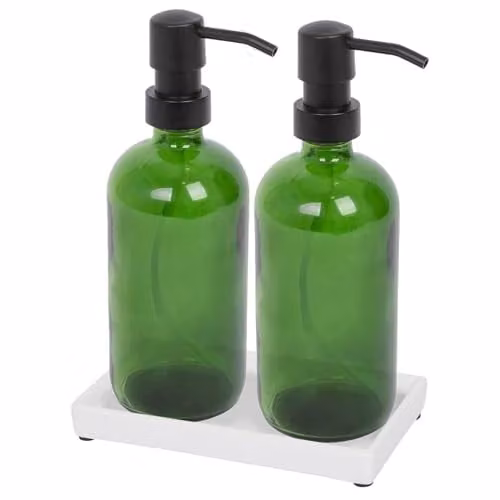 Harbour Housewares 2 Piece Green Glass Soap Dispenser Set with Ceramic Tray and Black Pumps, 500ml