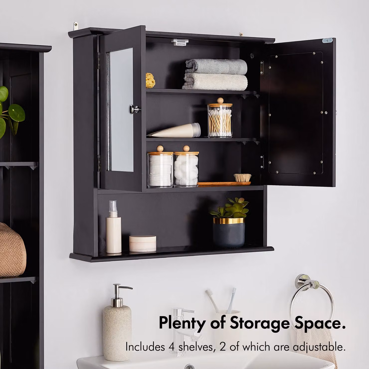 VonHaus Black 2 Door Wall Mounted Bathroom Mirror Cabinet with 3 Internal Shelves and 1 Open Shelf, H: 58 cm x W: 56 cm x D: 13 cm – 3