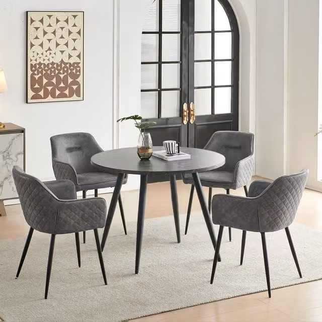 SONARA Black Marble Round Dining Table and 4 Grey Faux Suede Dining Chairs Set