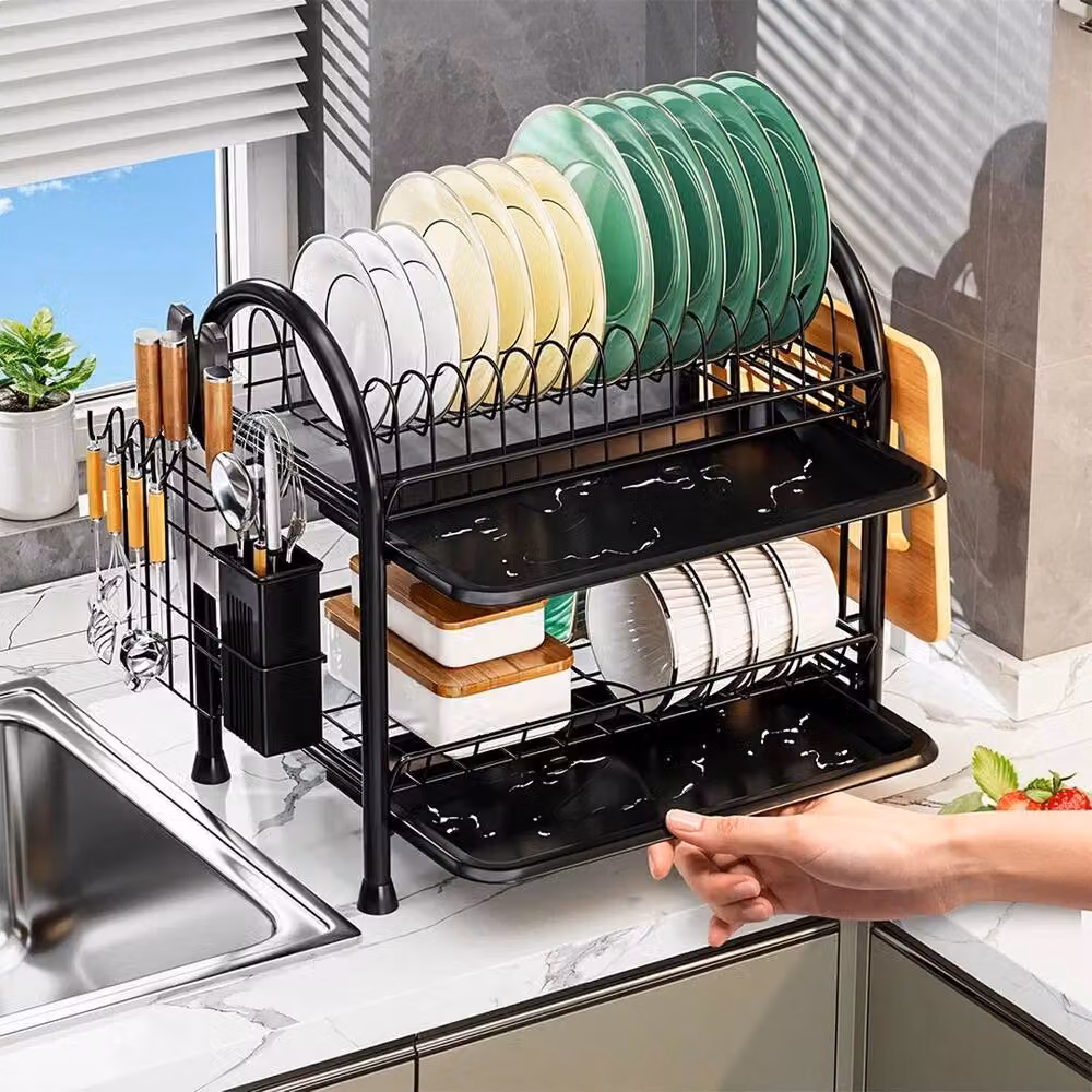 EONLION Black Dish Drainer Rack with Drip Tray and Cutlery Holder – 3