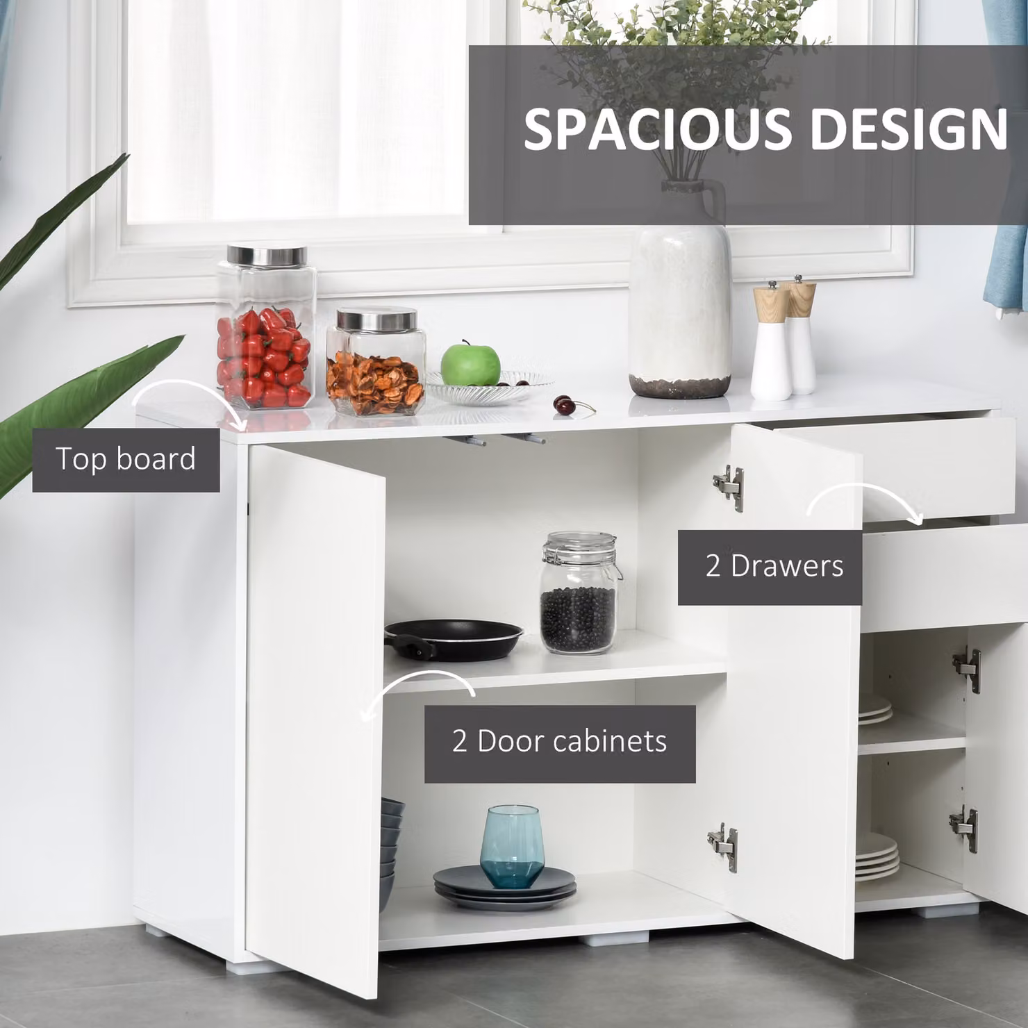 HOMCOM High Gloss White Sideboard Cabinet with 2 Drawers and 2 Cabinets – 2
