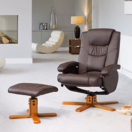 Artemis Home Severn Brown Bonded Leather 360 Degree Swivel Recliner Chair and Footstool, Width: 73 cm