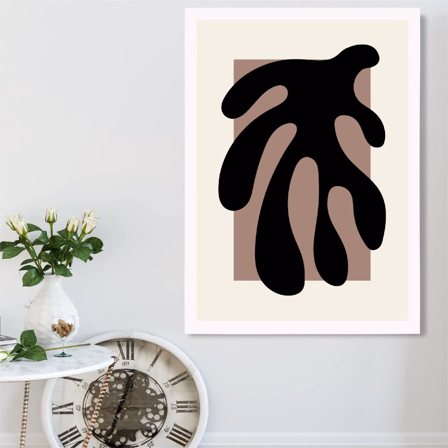 ARTZE Matisse Floral Cutout Framed Print in Cream and Brown with White Frame, A3 Size – 2