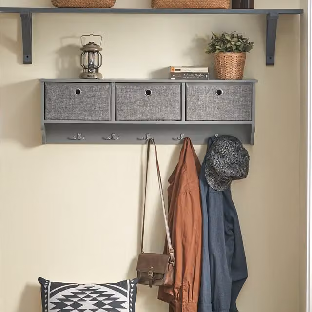 SoBuy Modern Metal Wall Coat Rack with 3 Baskets and Distributed Point Hooks in Grey