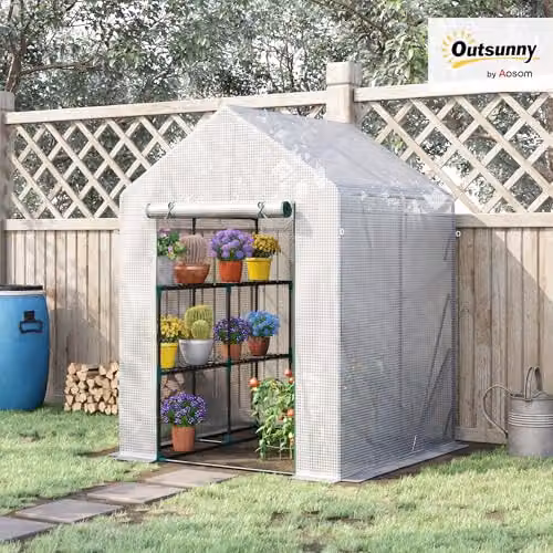 Outsunny Portable Walk In Greenhouse with 2 Tier Shelf, White or Green, W/D/H: 143 x 143 x 195 cm – 2