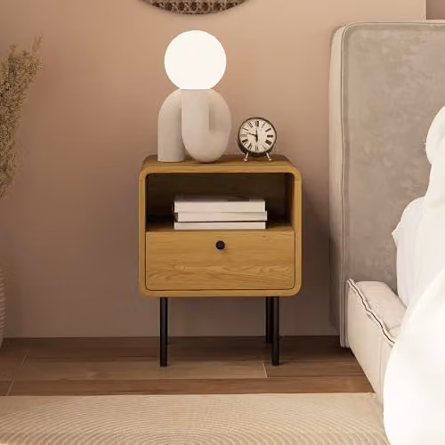 HOMCOM Modern Bedside Table with Storage Drawer and Shelf in Oak – 5