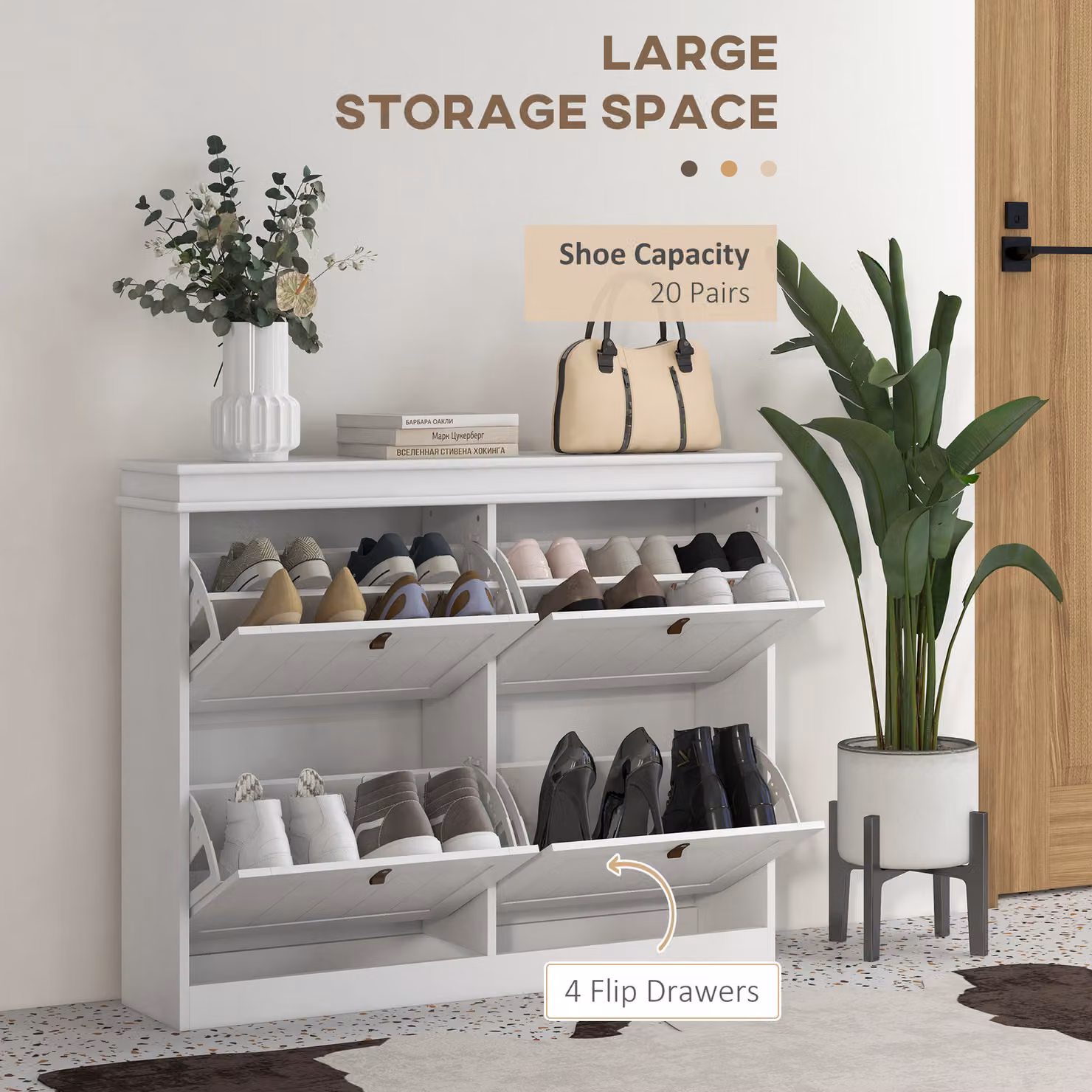 HOMCOM Slim White Shoe Cabinet with 4 Tilting Drawments, W: 105 cm, D: 24 cm, H: 82.5 cm – 3