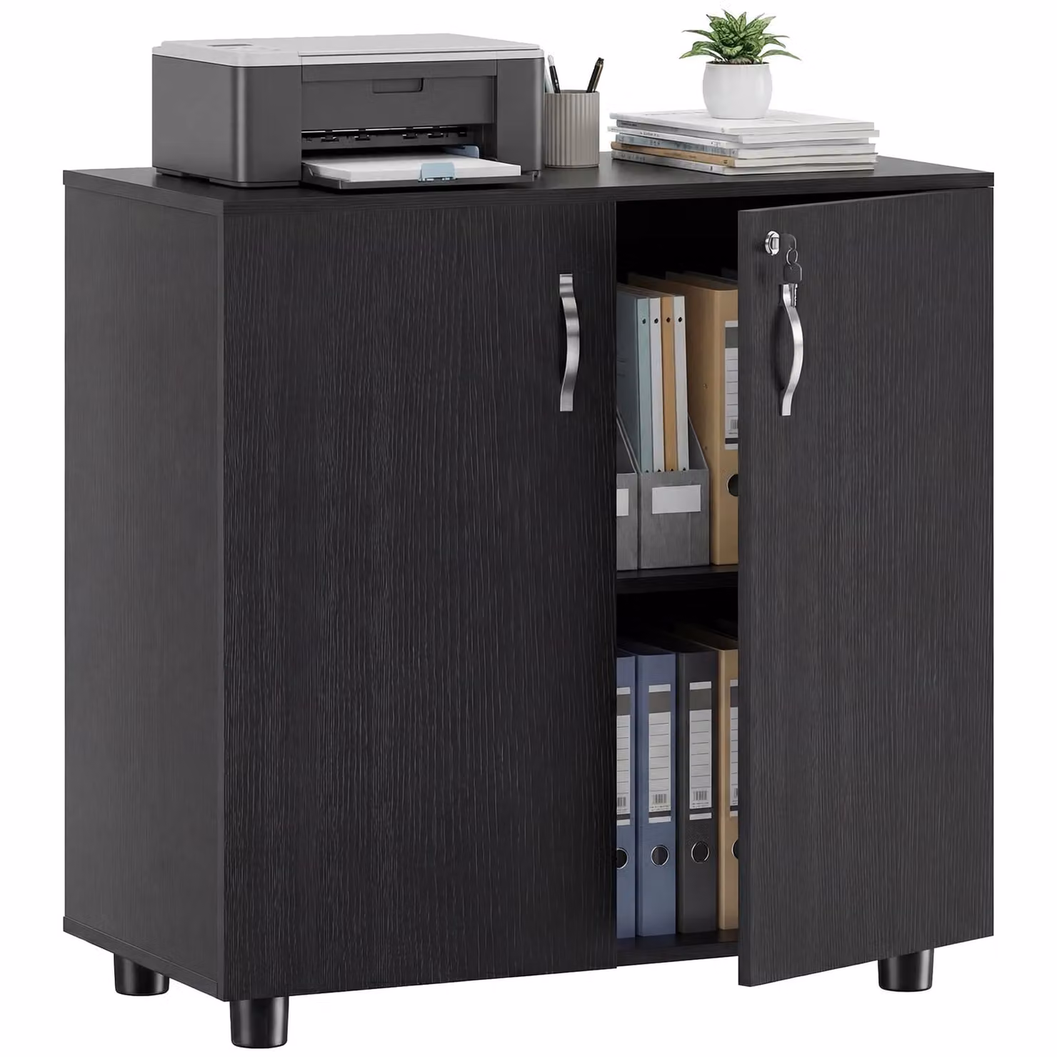 VINSETTO 2-Tier Locking Office Storage Cabinet with Hinged Doors and Internal Shelves in Black – 2