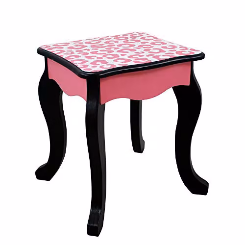 Teamson Kids Leopard Print Wooden 2-Piece Play Vanity Set with Tri-Fold Mirror, Storage Drawer and Matching Stool, Black and Pink – 9