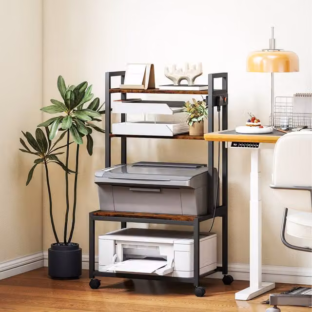 HOMCOM Mobile Printer Stand with Power Outlets for Home Office, Rustic Brown