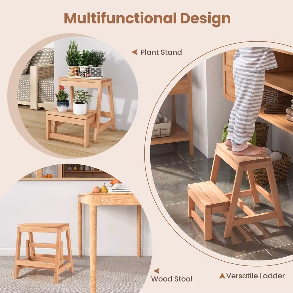 FORGEVIO 2-Tier Wooden Plant Stand and Folding Step Stool in Natural Brown – 3
