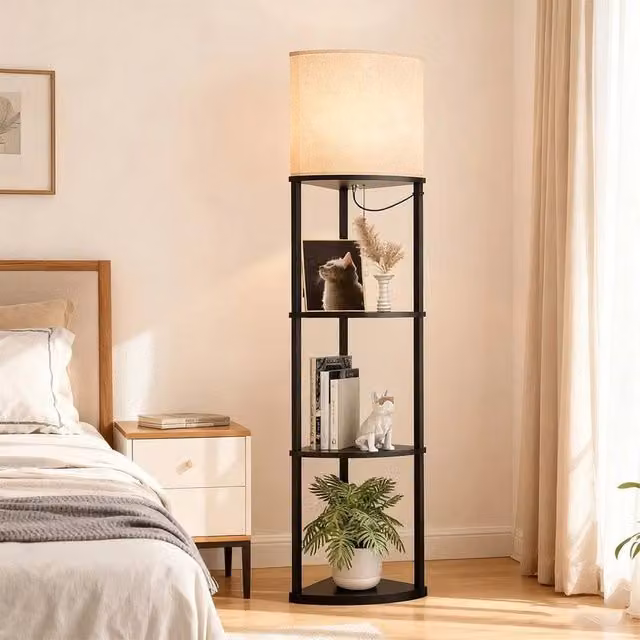 Kelvenix Black Corner Floor Lamp with Adjustable Shelves and Fabric Shade – 1