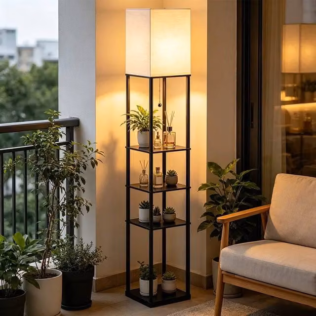 EONLION Modern Black Wood Floor Lamp with 3 Tier Storage and E27 LED Bulb