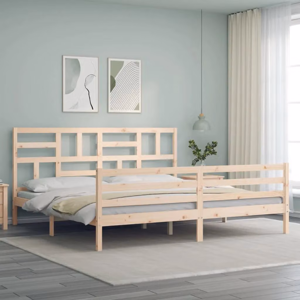 Berkfield Home Super King Size Solid Pine Bed Frame with Headboard in Brown and Beige – 2