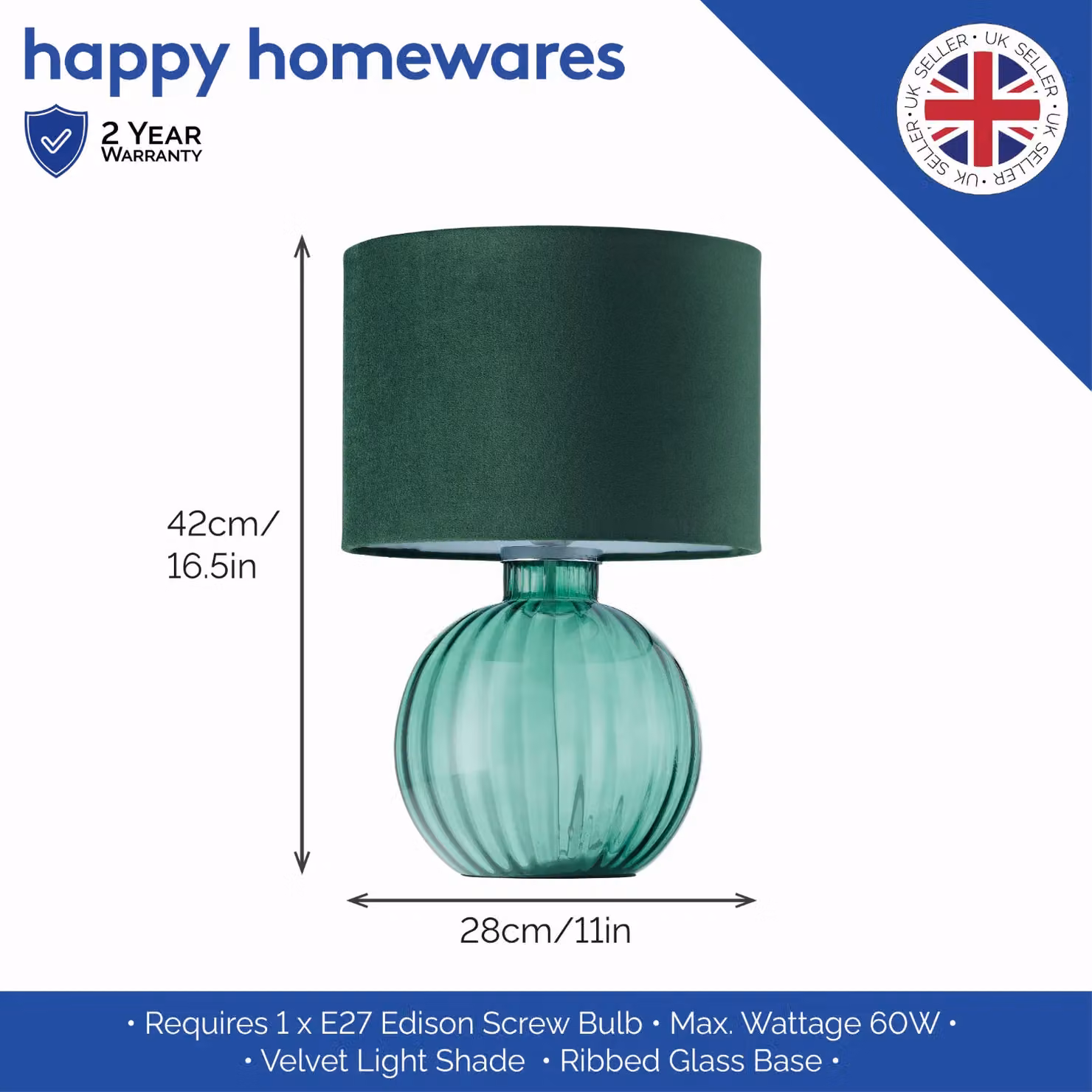 Happy Homewares Contemporary Ribbed Glass Table Lamp with Green Fabric Shade – 4