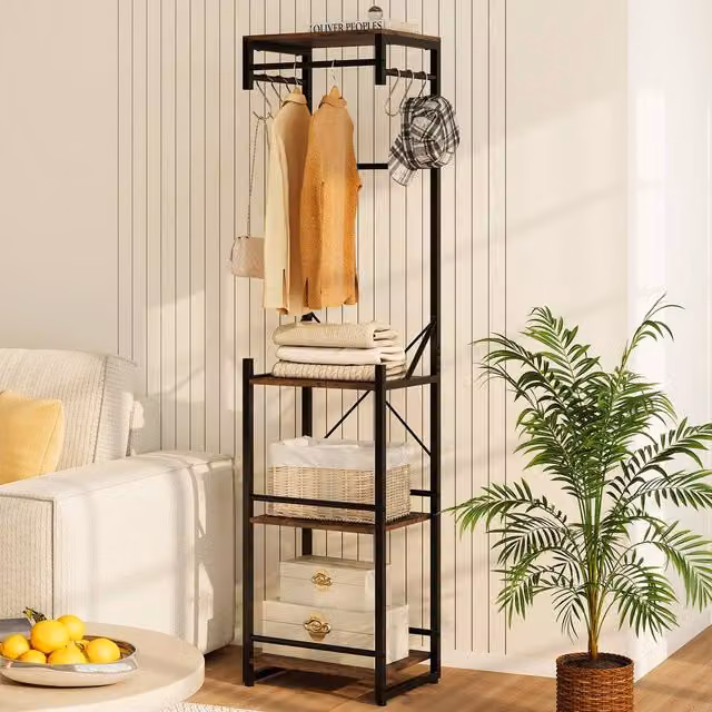 Costway Industrial Slim Hall Tree with Bench, 4 Storage Shelves and Hooks in Brown – 1