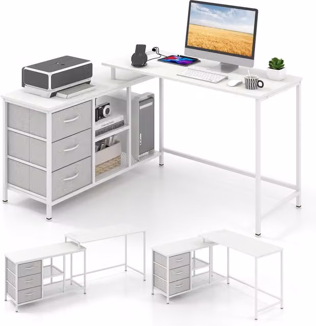 Costway Modern White Corner Home Office Desk with Charging Station