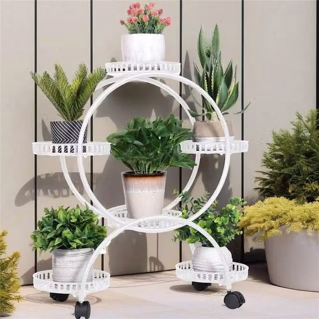 Kelvenix White Metal Rolling Plant Stand with 6 Shelves for Garden or Living Room Display